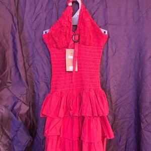 Red halter ruffle dress